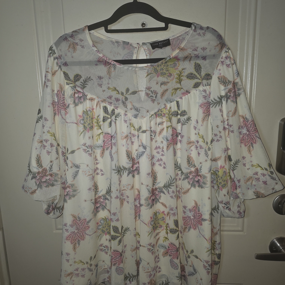 Floral Peasant Blouse in Cream and‎ Pink - Semi Sheer Bubble Sleeve - Picture 11 of 13